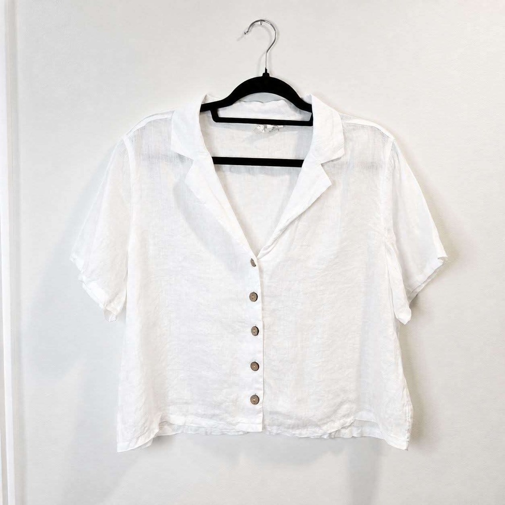 Joie Button Down Top Women Large White 100% Linen Short Sleeve Camp Shirt CC11